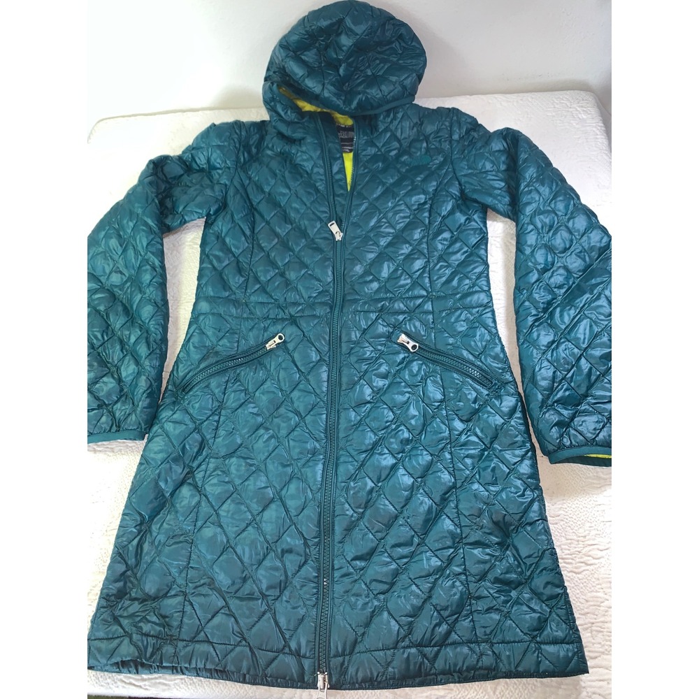 The North Face Womens Quilted Long Hooded Parka Jacket Teal Blue XS Thin Puffer
